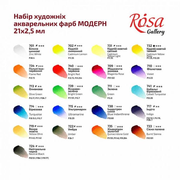 Фарби акварельні 21 кольорів 2,5 мл в кюветах MODERN Індіго метал. пенал ROSA Gallery 340221 фото