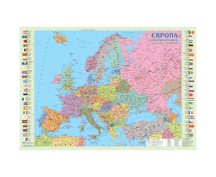Політична карта Європи, М1:10 000 000, карта стінна/настільна, 65х45 см, укр.,картон/ламінована 138363 фото