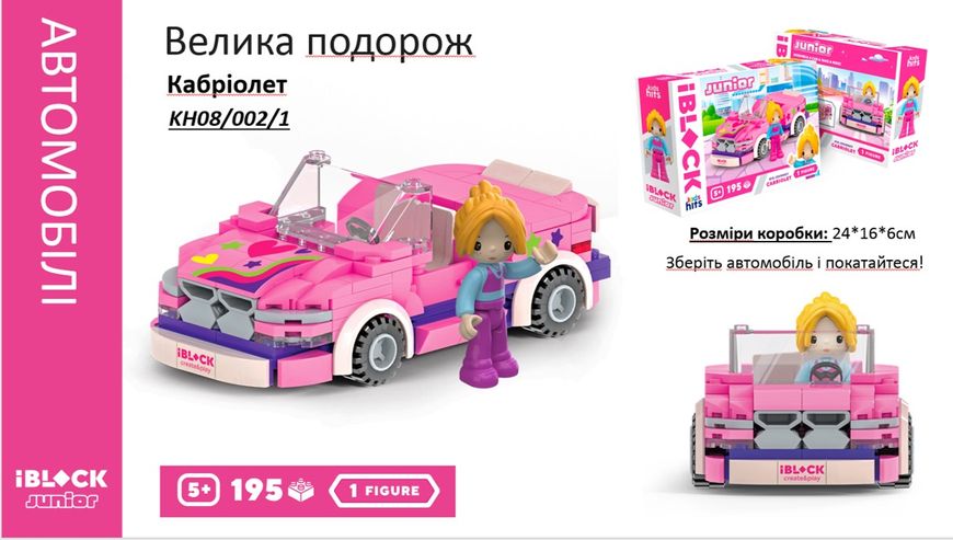 Конструктор Kids hits IBLOCK JUNIOR Дівчатка Кабріолет Велика подорож 195 дет компл. фігур інстр. Наліпки короб. KH08/002/1 фото