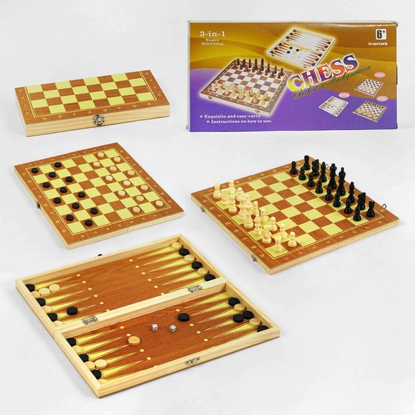 Шахи 3 в 1 дерев'яна дошка дерев'яні шахи в коробці С 45026 фото