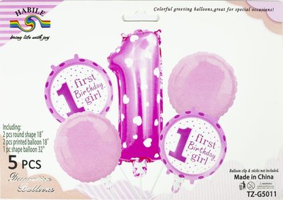 Набір фольгованих кульок 1-st bіrthday для дівчаток 5 шт TZ-B5011-D фото