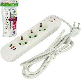 Мережевий фільтр подовжувач 3м на 3 розетки з 2 USB + 1 Type-C та вимикачем 122756 (A03USB-3M) фото